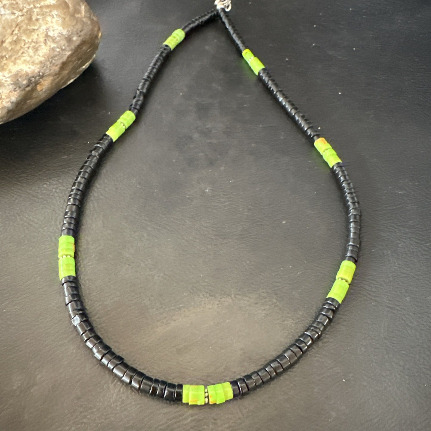 Mens Green Gaspeite Onyx Heishi Southwestern Sterling Silver Necklace 19” 18713