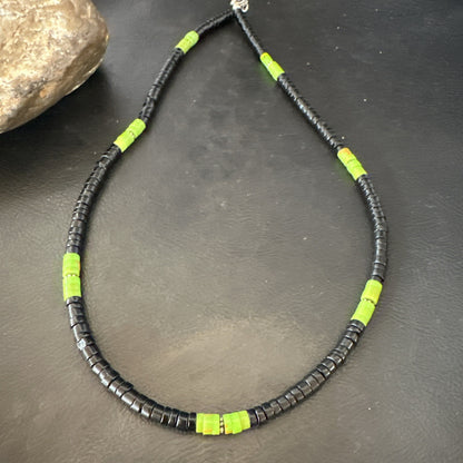 Mens Green Gaspeite Onyx Heishi Southwestern Sterling Silver Necklace 19” 18713