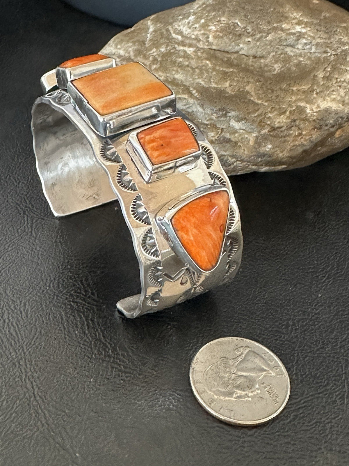 Orange Spiny Oyster 5 Stone Row Sterling Silver Navajo Cuff Bracelet 7.7" 19477