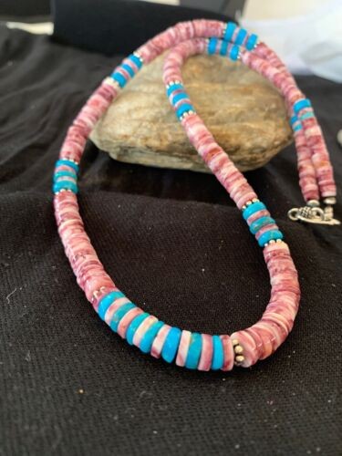 Navajo Turquoise & Spiny Oyster Necklace Sterling Silver 21" 4639