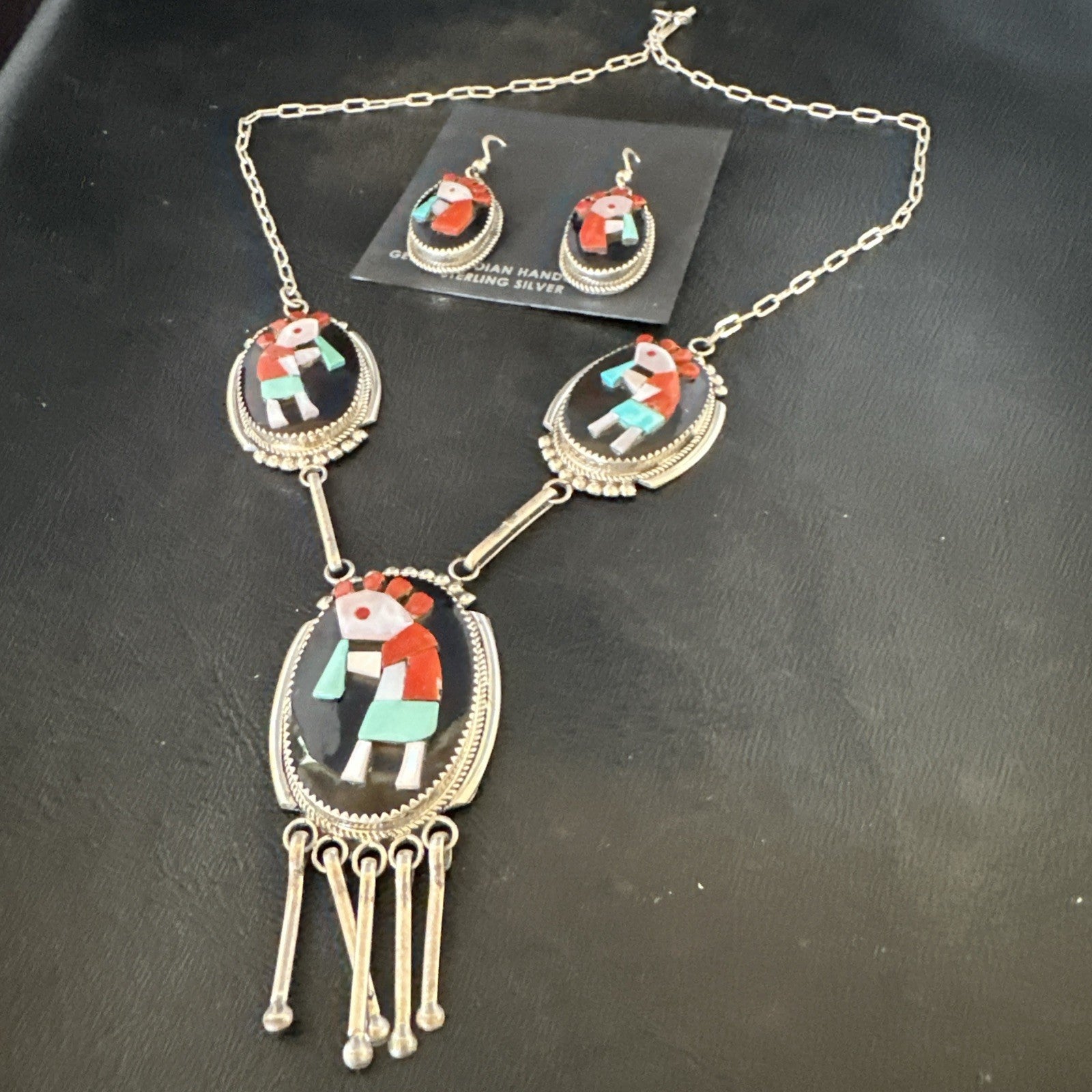 Kokopelli Turquoise Coral Zuni Inlay Sterling Silver Necklace Earrings 19078 Set
