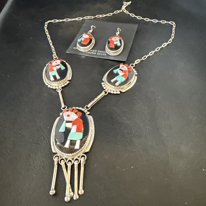 Kokopelli Turquoise Coral Zuni Inlay Sterling Silver Necklace Earrings 19078 Set