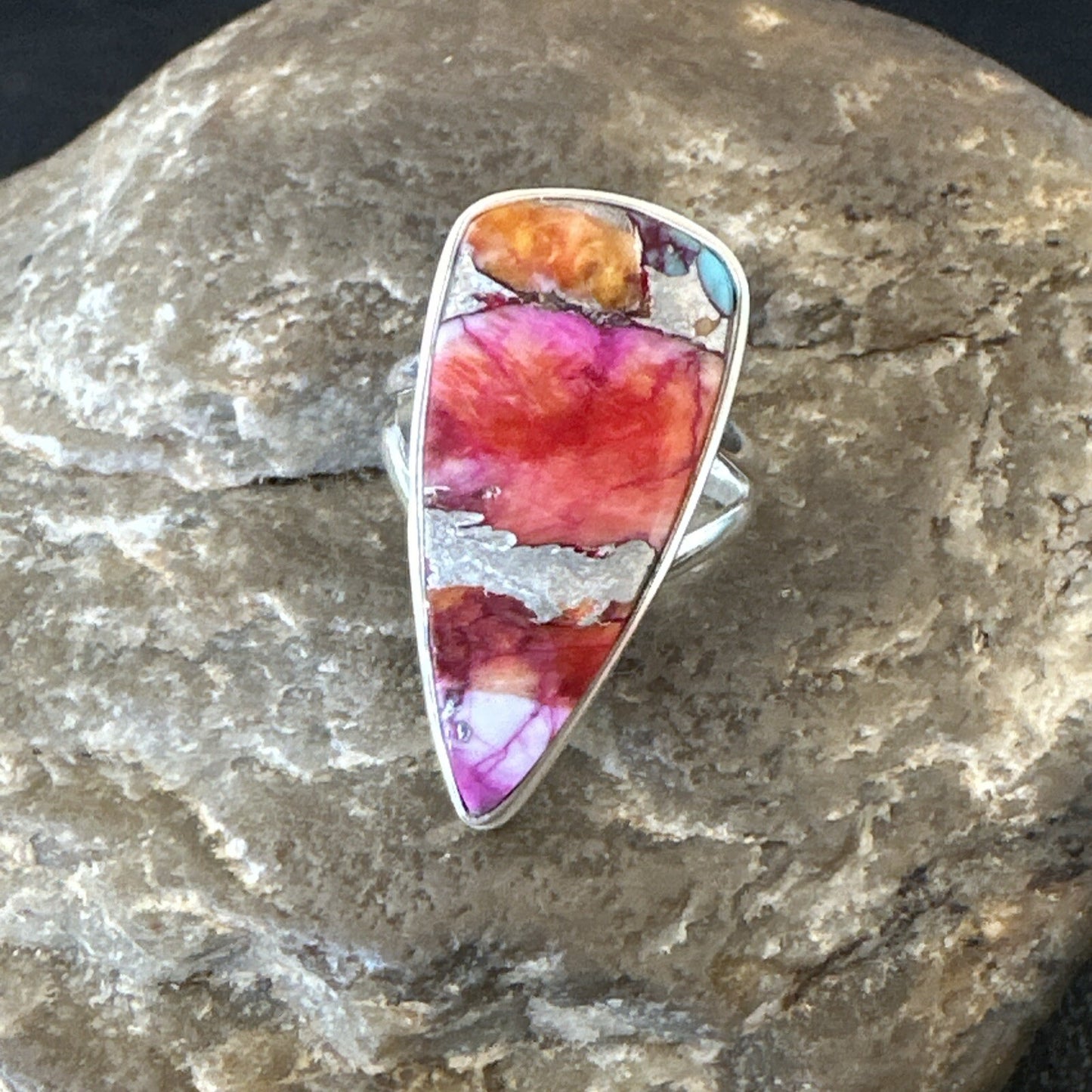 Blue Turquoise Spiny Oyster Southwestern Sterling Silver Ring Size 6 18472