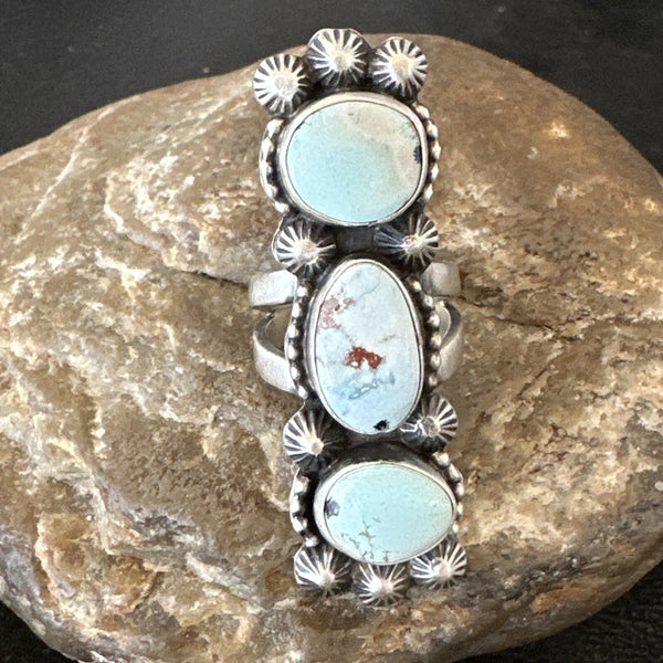 Navajo Cluster Blue Dry Creek Turquoise Ring Sz 6.5 | Sterling Silver | Authentic Native American Handmade | 18596