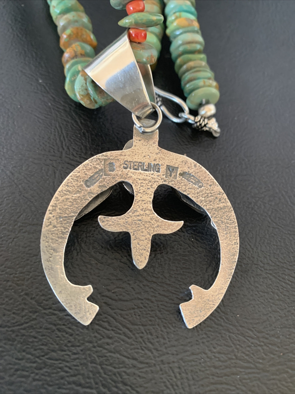 Blue Turquoise Spiny Oyster Naja Pendant Navajo Sterling Silver Necklace 10255