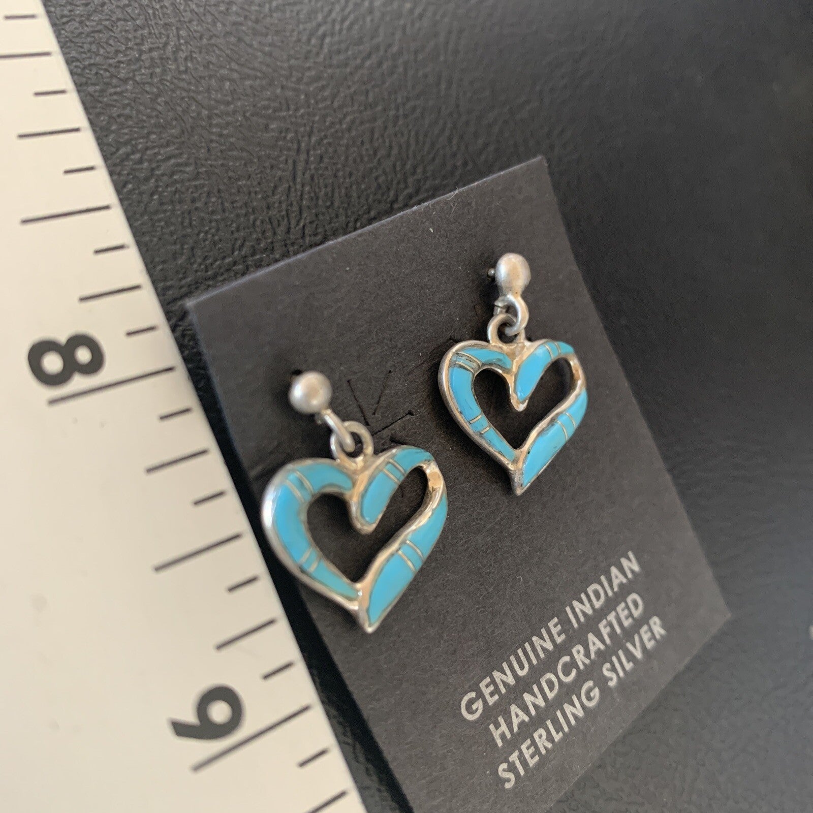 Navajo Blue Turquoise Heart Sterling Silver Dangle Post Earrings 0.5" 12716