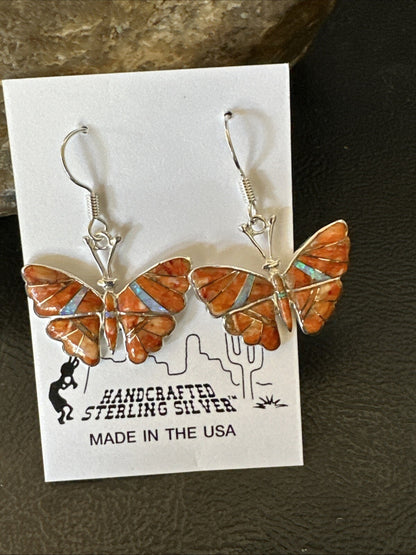 Butterfly Orange Spiny Oyster Opal Inlay Sterling Silver Dangle Earrings 18555