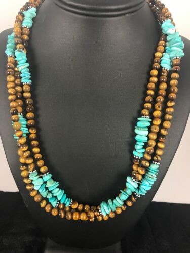 Men's Tigers Eye & Turquoise 3 Strand Necklace Navajo Sterling Silver 8418