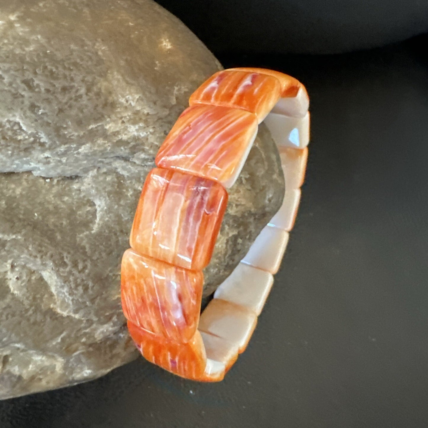 Mens Womens Orange Spiny Oyster Sterling Silver Stretch Bracelet 7" 18860