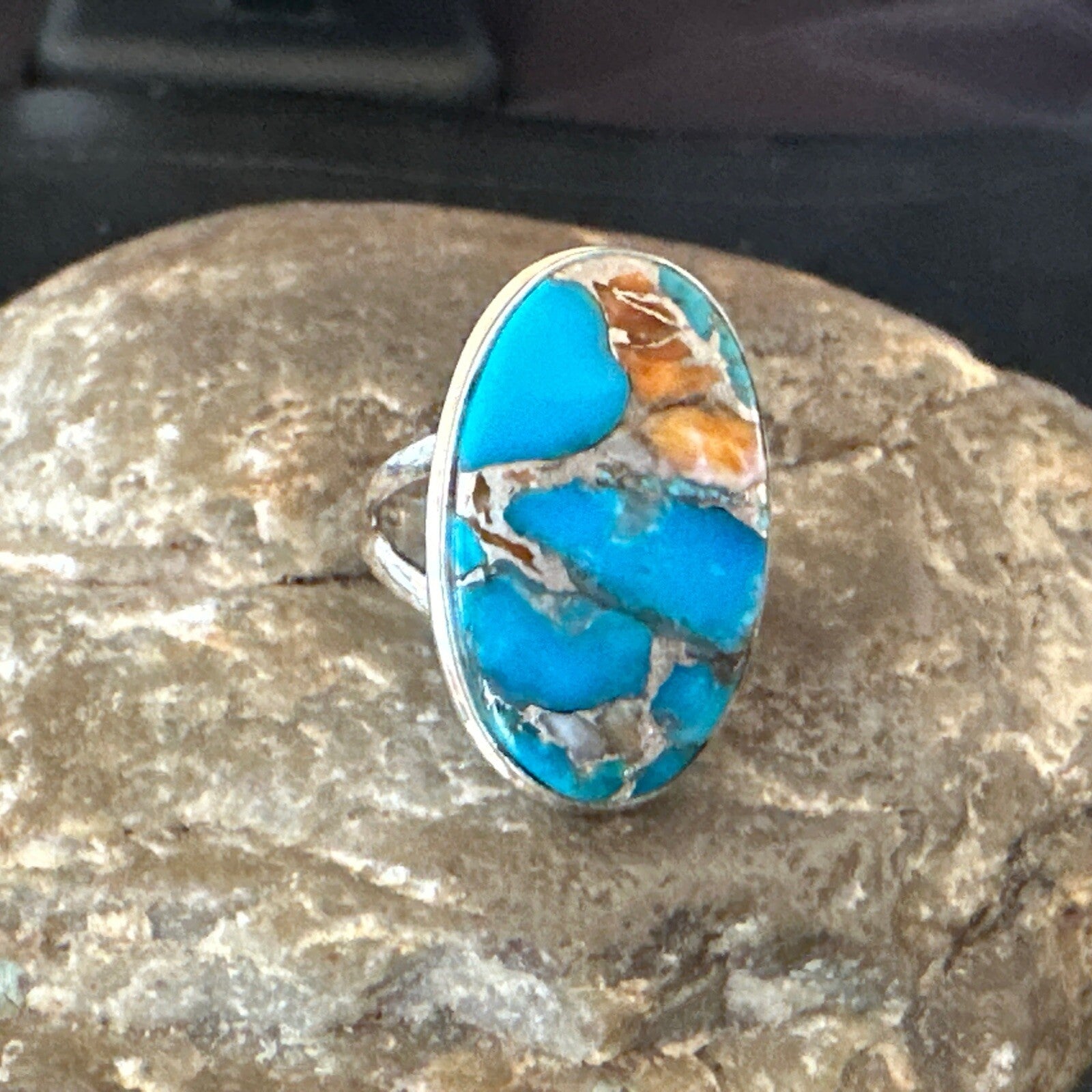 Blue Turquoise Spiny Oyster Southwestern Sterling Silver Ring Size 7 18443