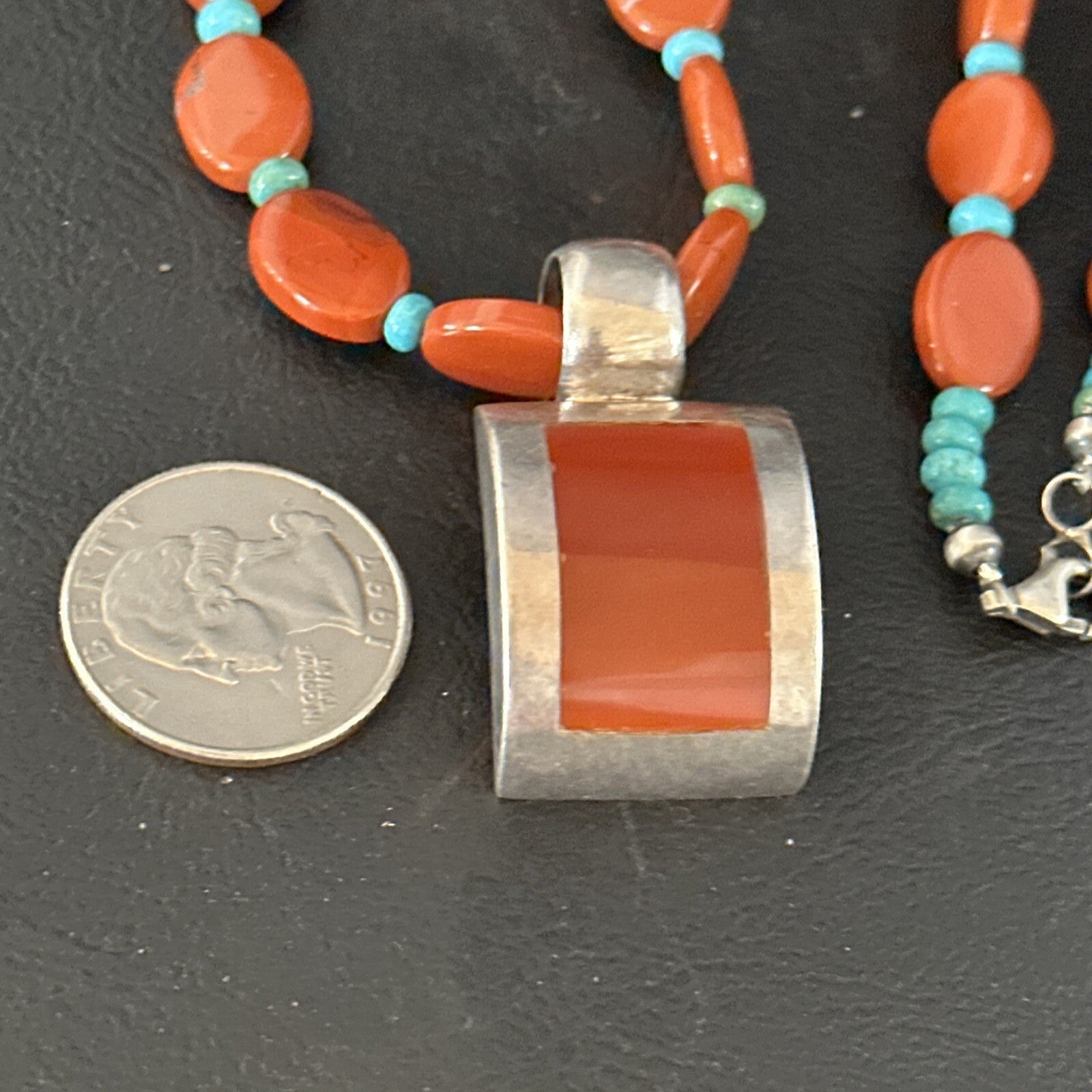 Carnelian Turquoise Navajo Pearls Sterling Silver Necklace Pendant 14375