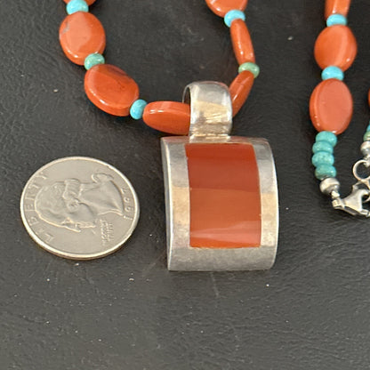 Carnelian Turquoise Navajo Pearls Sterling Silver Necklace Pendant 14375