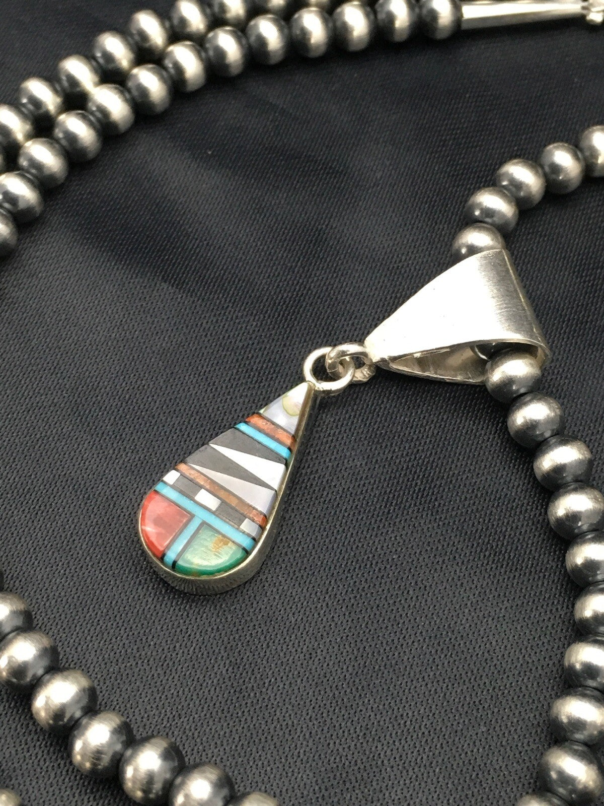 Turquoise MultiStone Inlay Pendant Sterling Silver Bead Necklace 1.75" 02705