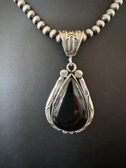Black Onyx Pendant Navajo Pearls Sterling Silver Necklace 19386