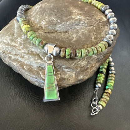 Womens Green Gaspeite Turquoise Pendant Navajo Sterling Silver Necklace 18371