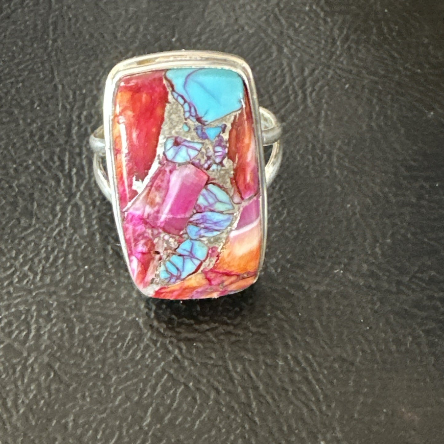 Blue Turquoise Spiny Oyster Southwestern Sterling Silver Ring Size 9 19060