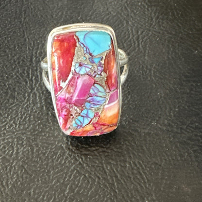Blue Turquoise Spiny Oyster Southwestern Sterling Silver Ring Size 9 19060
