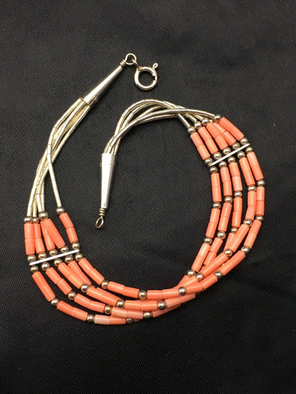 Native Pink Coral 5 Strand Heishi Liquid Sterling Silver Bracelet 7" 4345