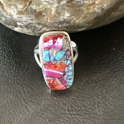 Blue Turquoise Spiny Oyster Southwestern Sterling Silver Ring Size 7 18492