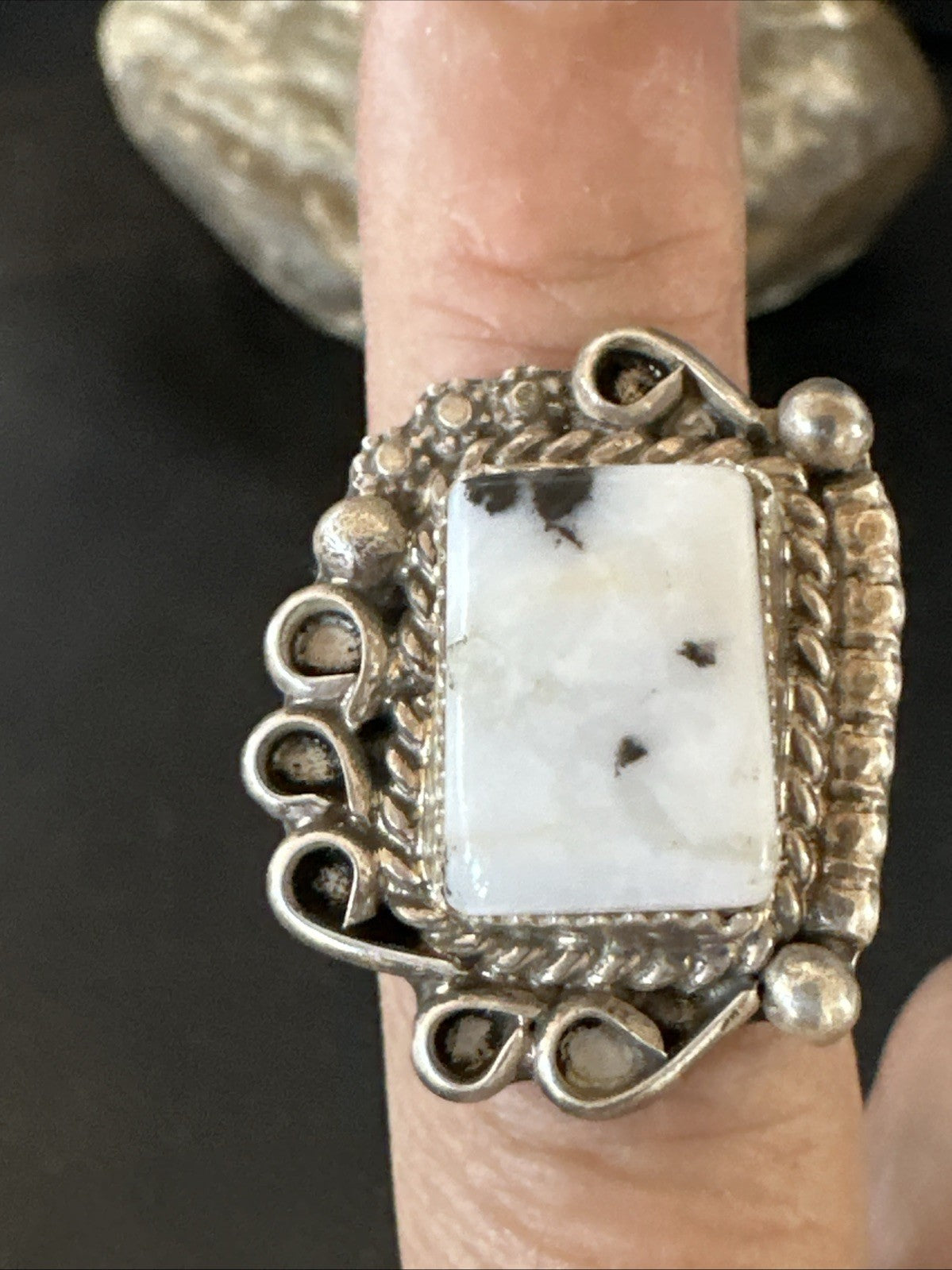 Black White Buffalo Turquoise Navajo Sterling Silver Ring Size 7 19807
