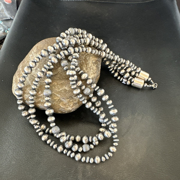 Mixed Bead Navajo Pearls Necklace 22"3 Strand | Sterling Silver | Authentic Native American Handmade | 94422