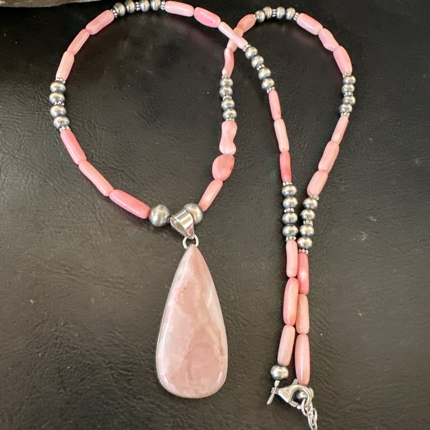 Southwestern Sterling Silver Pink Coral Bead Necklace Quartz Pendant 24" 19589