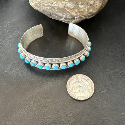 Mens Womens Kingman Turquoise Navajo Sterling Silver Cluster Cuff Bracelet 18865