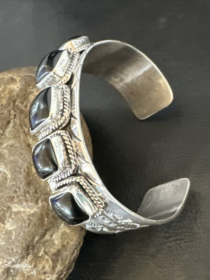 Native Mens Navajo Sterling Silver Black Onyx Cuff Bracelet 5 Stone 18020