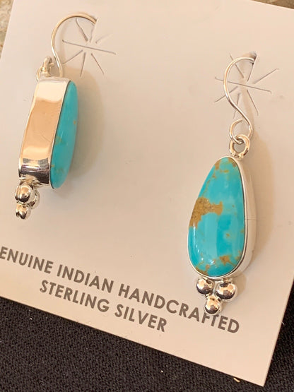 Womens Blue Turquoise Navajo Sterling Silver Earrings 1" 12981