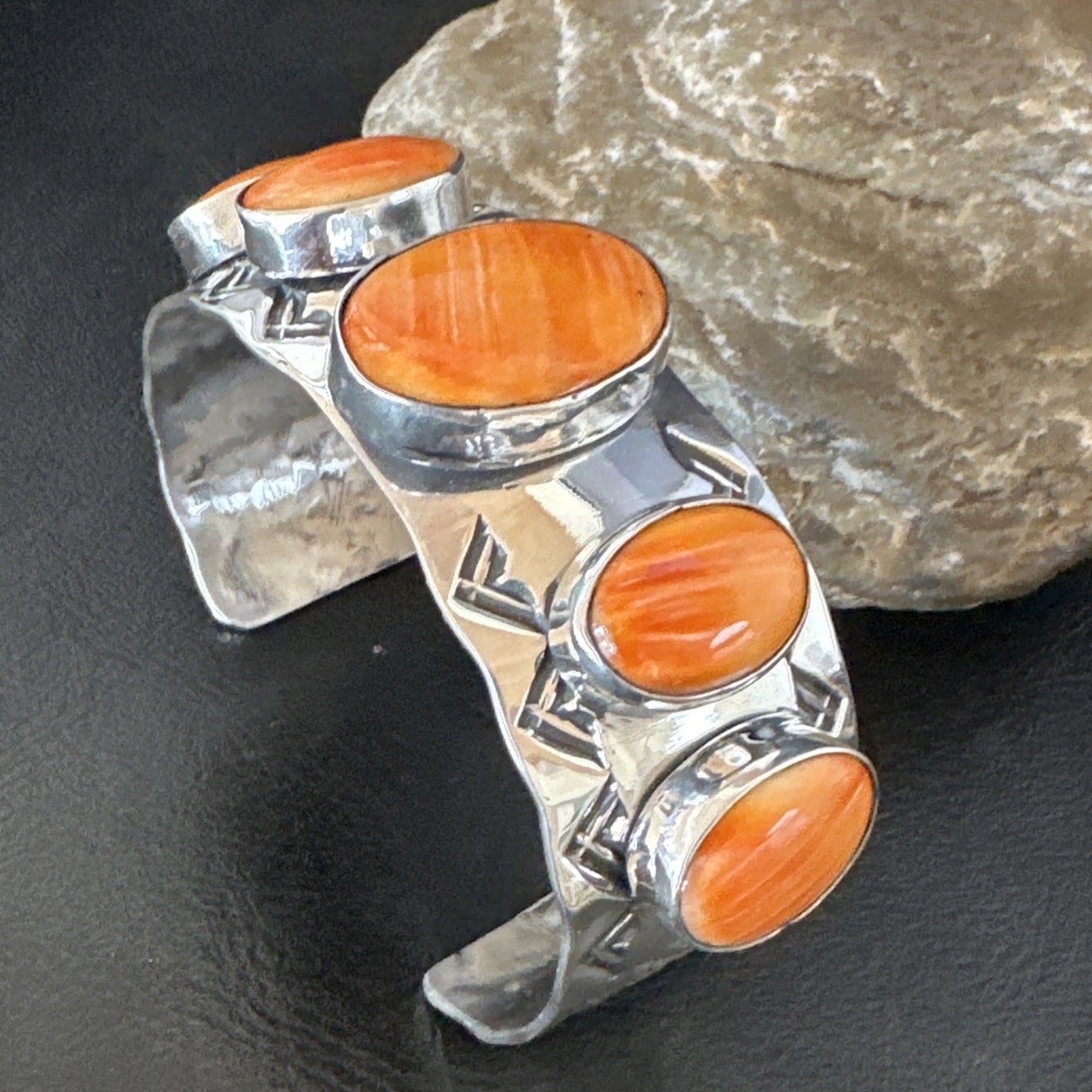 Orange Spiny Oyster 5 Stone Row Sterling Silver Navajo Cuff Bracelet 7.7" 19475