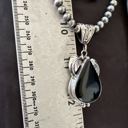 Mens Womens Black Onyx Pendant Navajo Sterling Silver Beads Necklace 18351