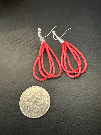 Native Red Coral Heishi 3S Tube Liquid Sterling Silver Dangle Earrings 2" 18198