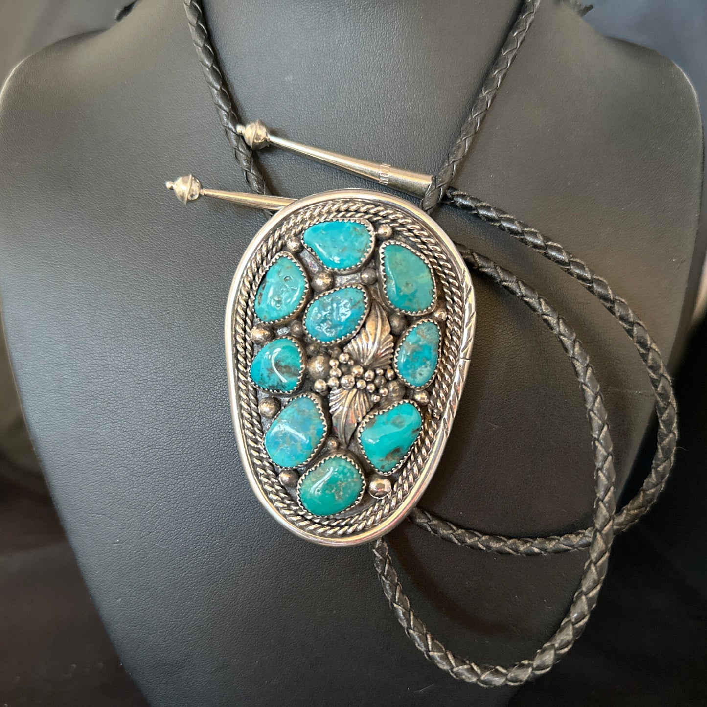 Mens Bolo Tie Cluster Blue Kingman Turquoise Sterling Silver Navajo 14522