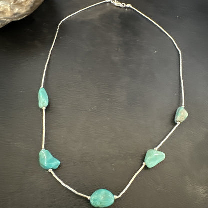 Turquoise Liquid Heishi Sterling Silver Nugget  17" Necklace 2930