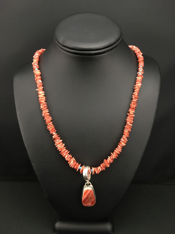 Spiny Oyster Pendant Turquoise Navajo Beads Necklace | Sterling Silver | Authentic Native American Handmade | 04890