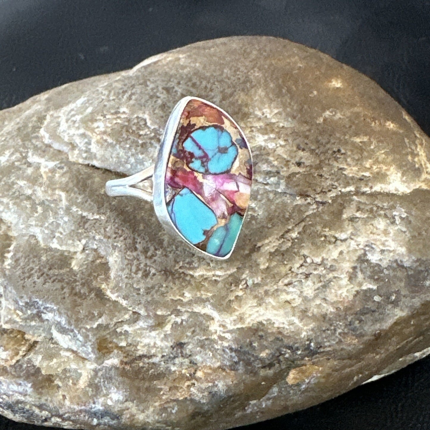 Blue Turquoise Spiny Oyster Navajo Sterling Silver Ring Size 7.5 18235
