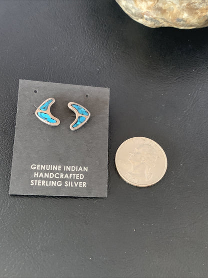 Womens Chip Inlay Earrings Navajo Blue Turquoise Sterling Silver Stud 0.5" 13111