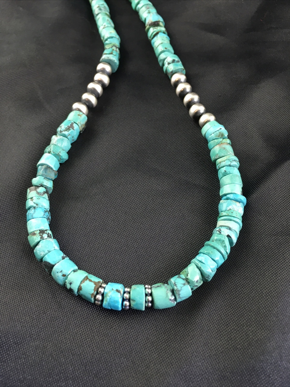 Blue Turquoise 7mm Heishi Bead Navajo Sterling Silver Necklace 1498