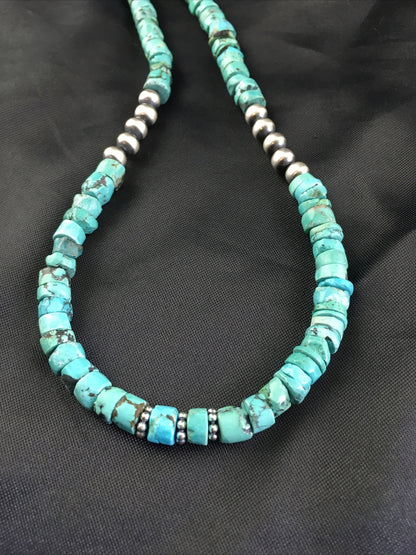 Blue Turquoise 7mm Heishi Bead Navajo Sterling Silver Necklace 1498