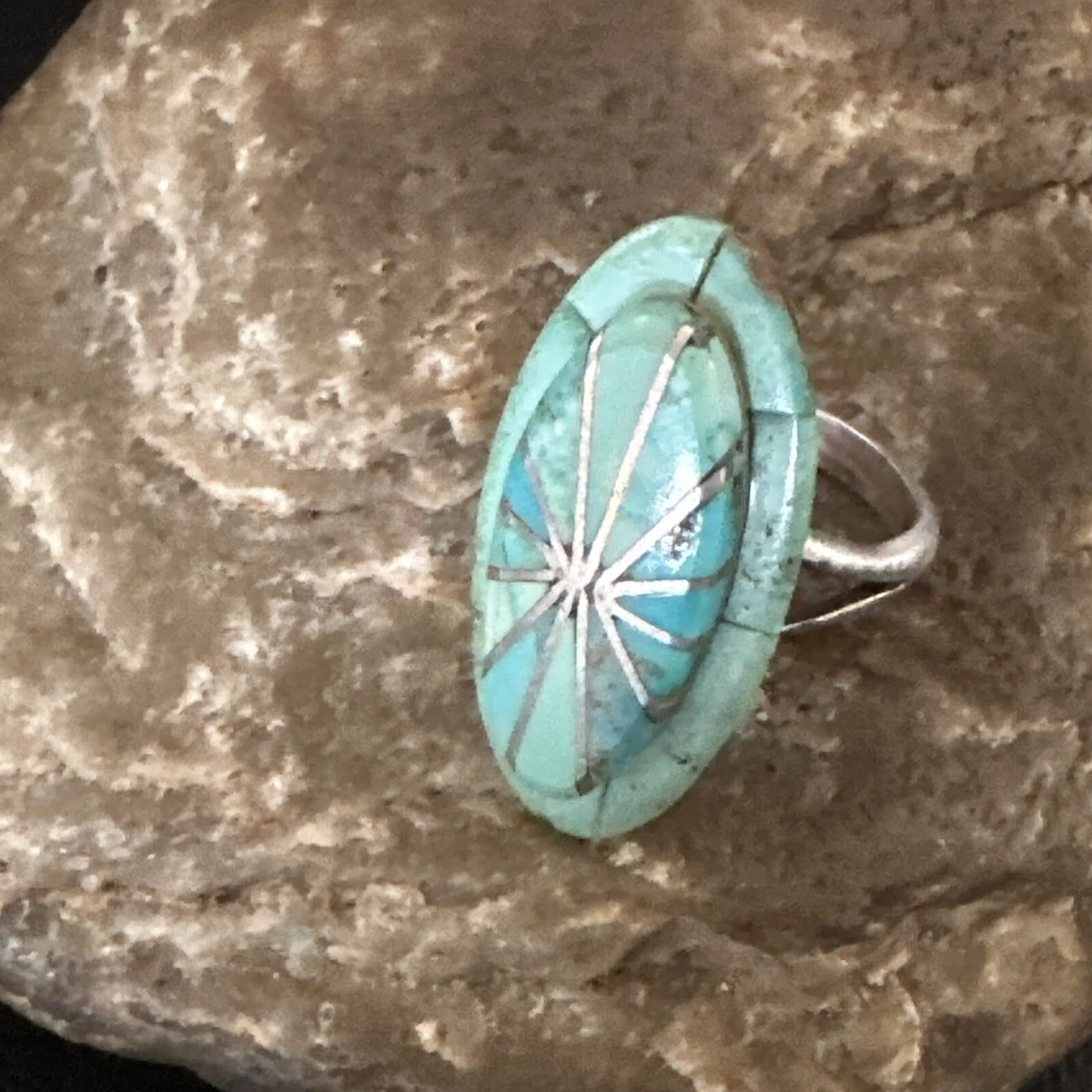 Native American Indian Navajo Blue Turquoise Inlay Band Ring Sz 7.5 18762