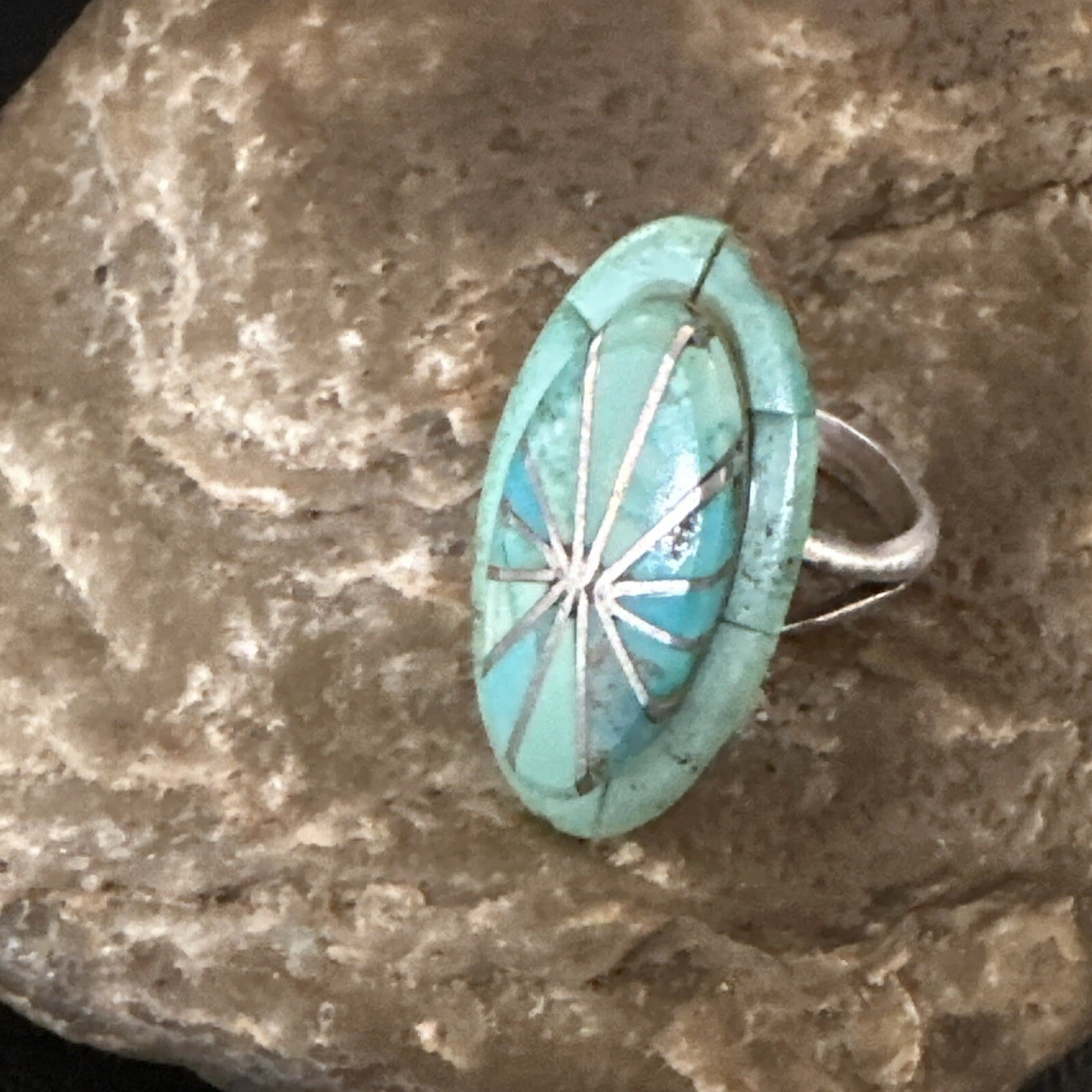 Native American Indian Navajo Blue Turquoise Inlay Band Ring Sz 7.5 18762