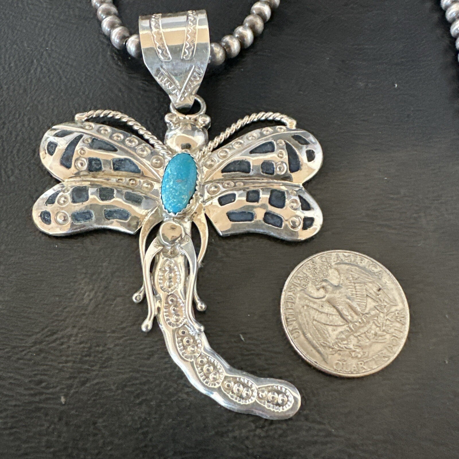 Navajo Dragonfly Blue Turquoise Sterling Silver Necklace Pendant 3" 18579