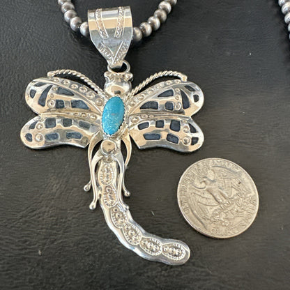 Navajo Dragonfly Blue Turquoise Sterling Silver Necklace Pendant 3" 18579