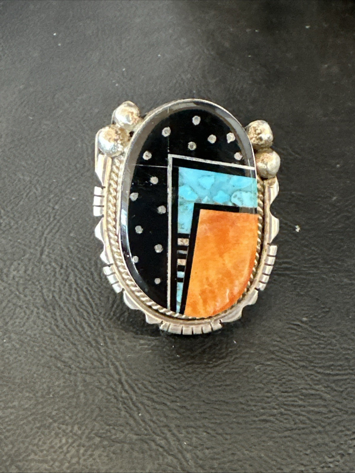 Onyx Turquoise Spiny Navajo Cosmic Inlay Sterling Silver Ring Size 9 19788