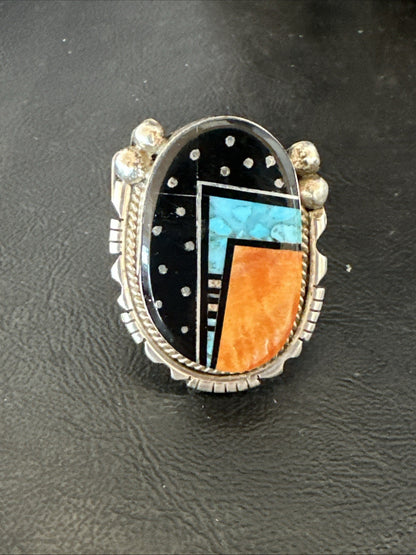 Onyx Turquoise Spiny Navajo Cosmic Inlay Sterling Silver Ring Size 9 19788