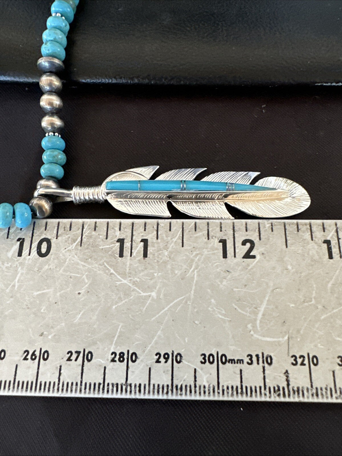 Mens Feather Turquoise Pendant Navajo Sterling Silver Necklace 18668