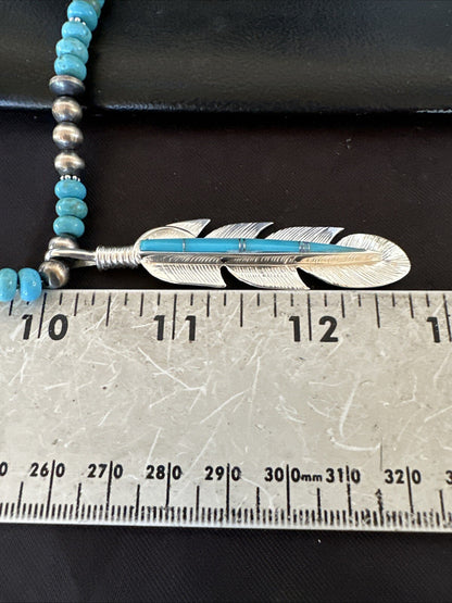 Mens Feather Turquoise Pendant Navajo Sterling Silver Necklace 18668