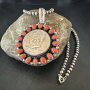 Coin Pendant Red Spiny Oyster Turquoise Navajo Necklace | Sterling Silver | Authentic Native American Handmade | 17925