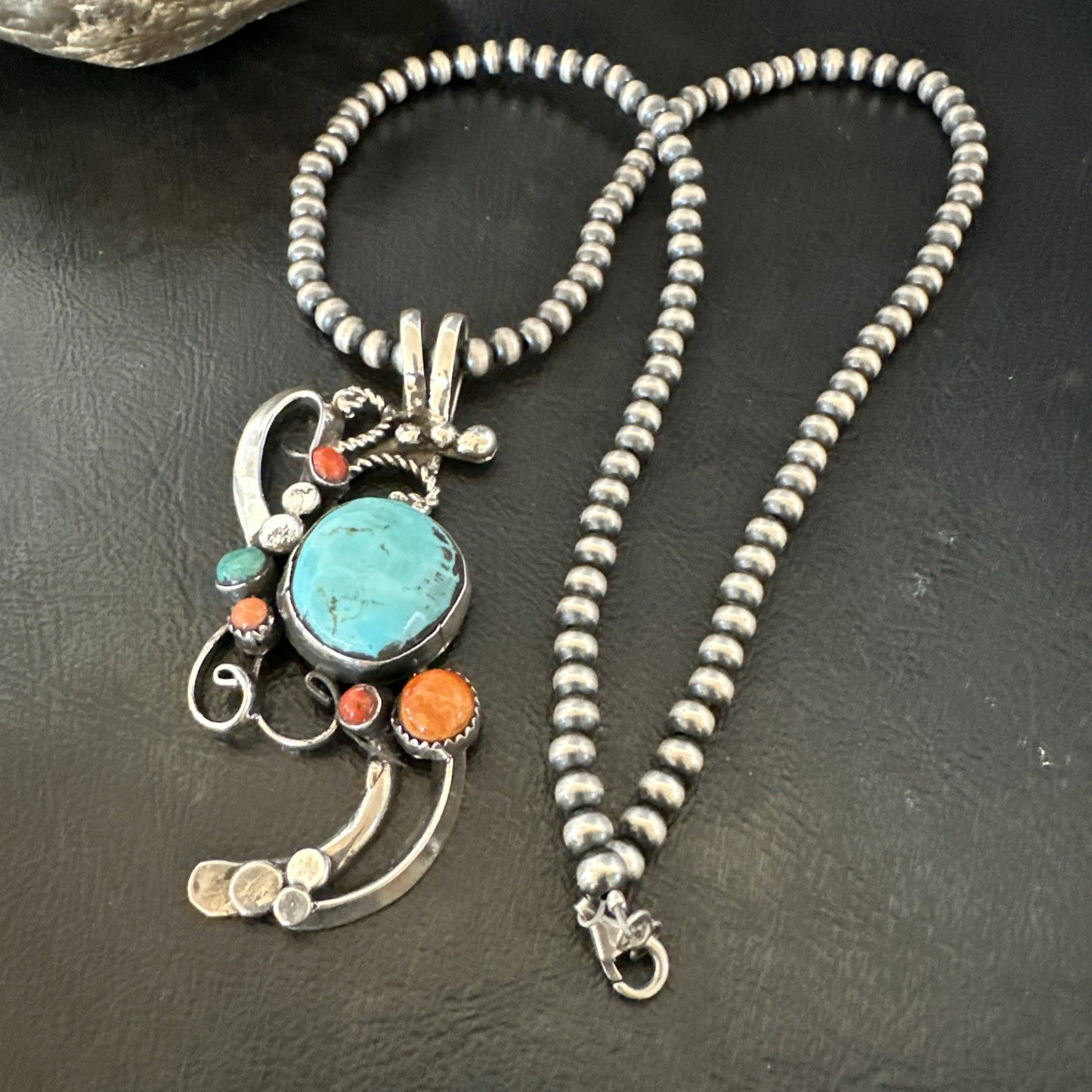 Multicolor Turquoise Spiny Navajo Sterling Silver Cluster Pendant Necklace 19683