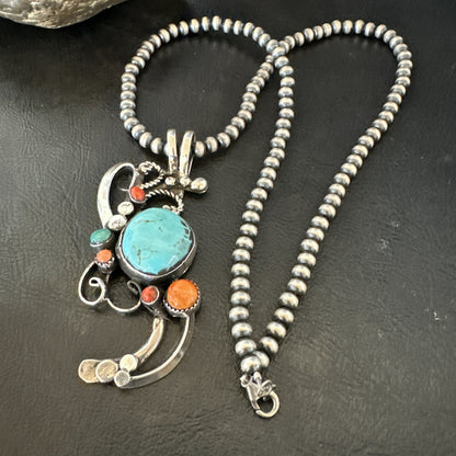 Multicolor Turquoise Spiny Navajo Sterling Silver Cluster Pendant Necklace 19683